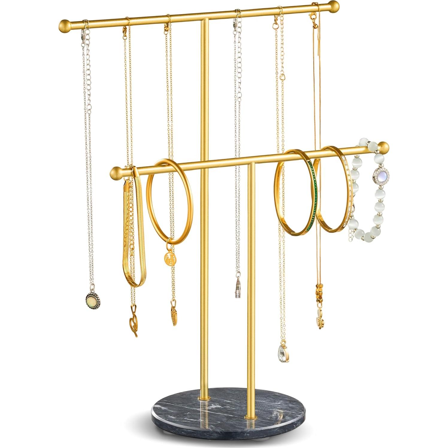 Soporte para Collares pickpiff con Base de Mármol Dorado 2 Niveles