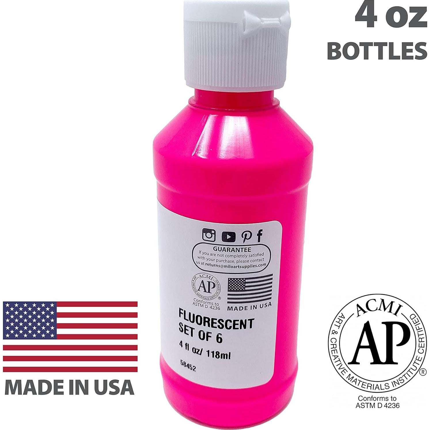 Juego de Pintura Acrílica Fluorescente Milo 6 Colores 4 oz