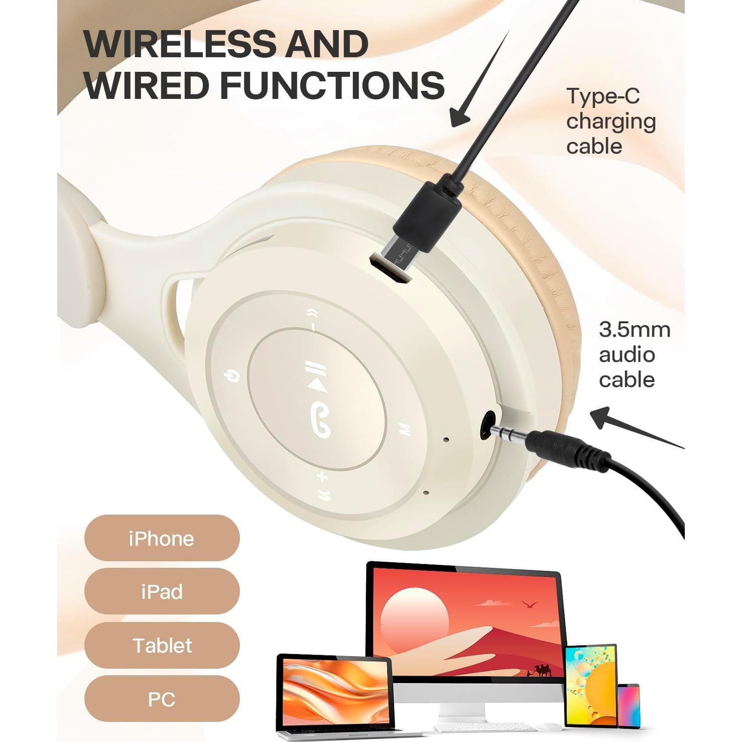 Auriculares Bluetooth para Niños SCK-08 Beige, Sonido HD