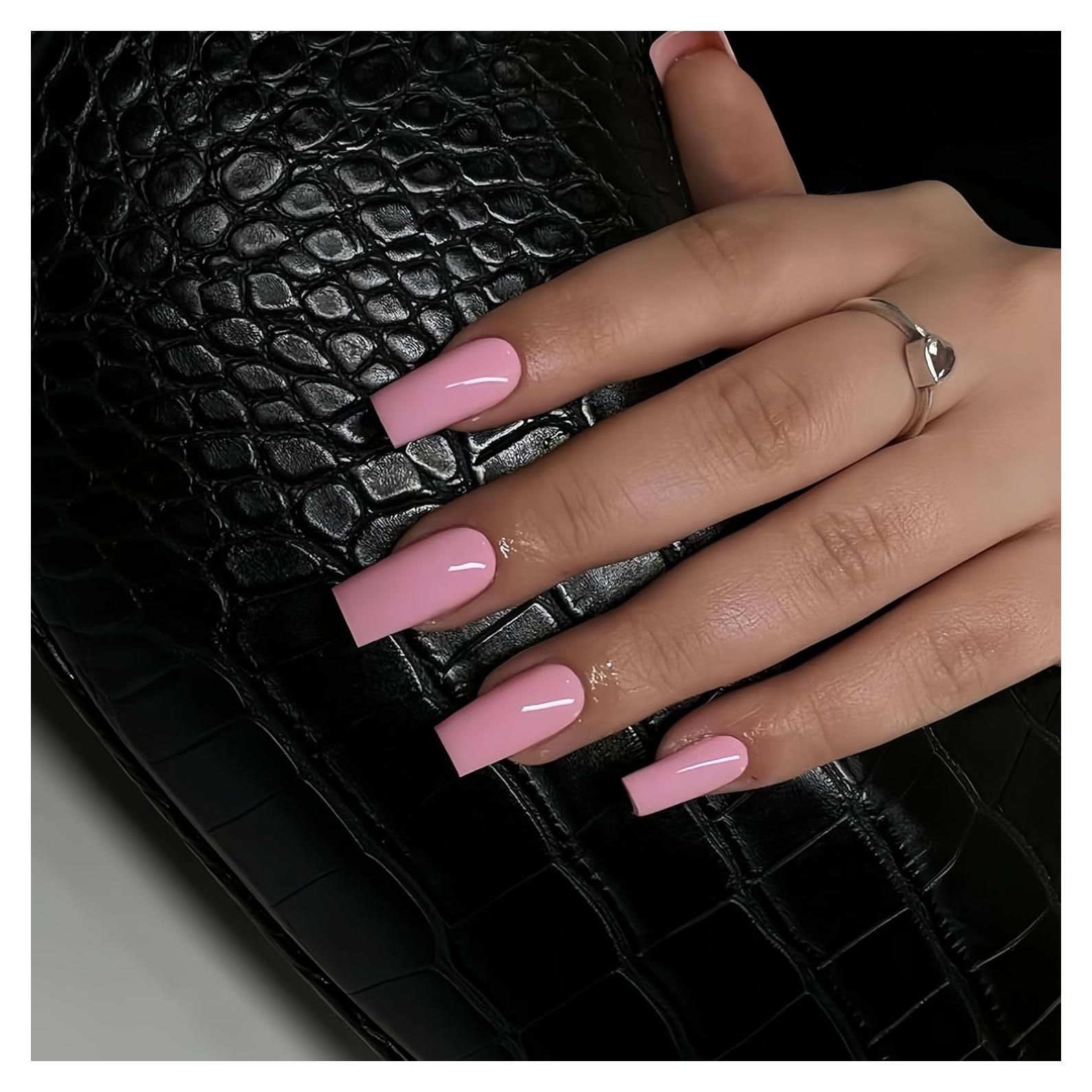 Uñas Postizas KQueenest Rosa Bebé Largas Cuadradas 24 Pcs