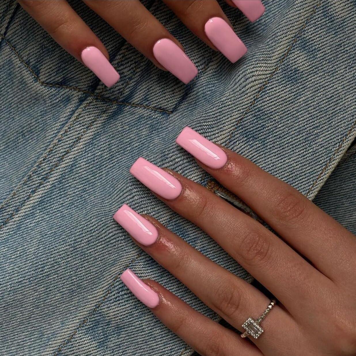 Uñas Postizas KQueenest Rosa Bebé Largas Cuadradas 24 Pcs