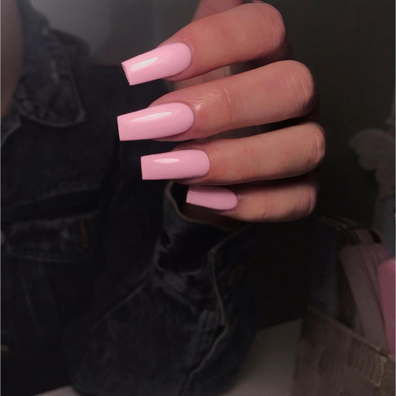 Uñas Postizas KQueenest Rosa Bebé Largas Cuadradas 24 Pcs