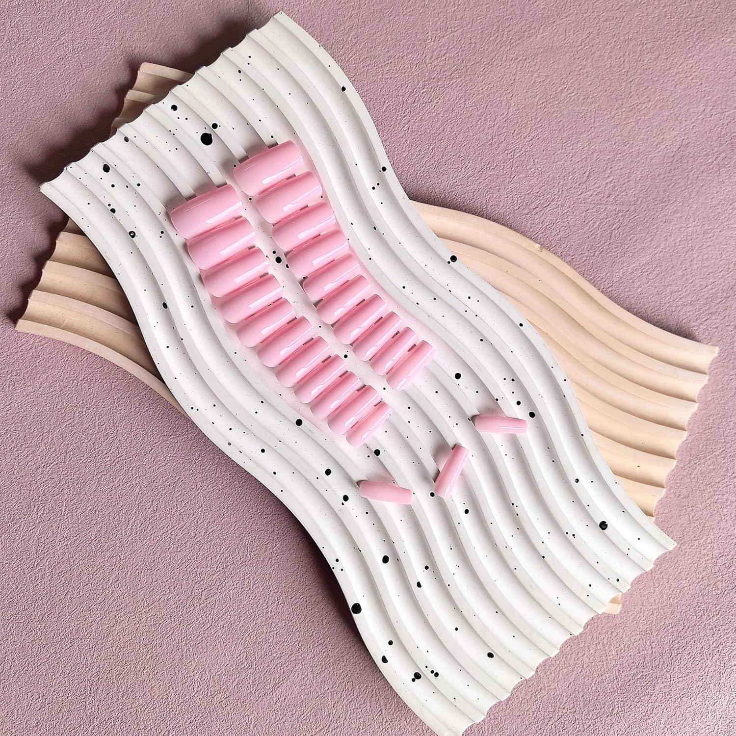 Uñas Postizas KQueenest Rosa Bebé Largas Cuadradas 24 Pcs