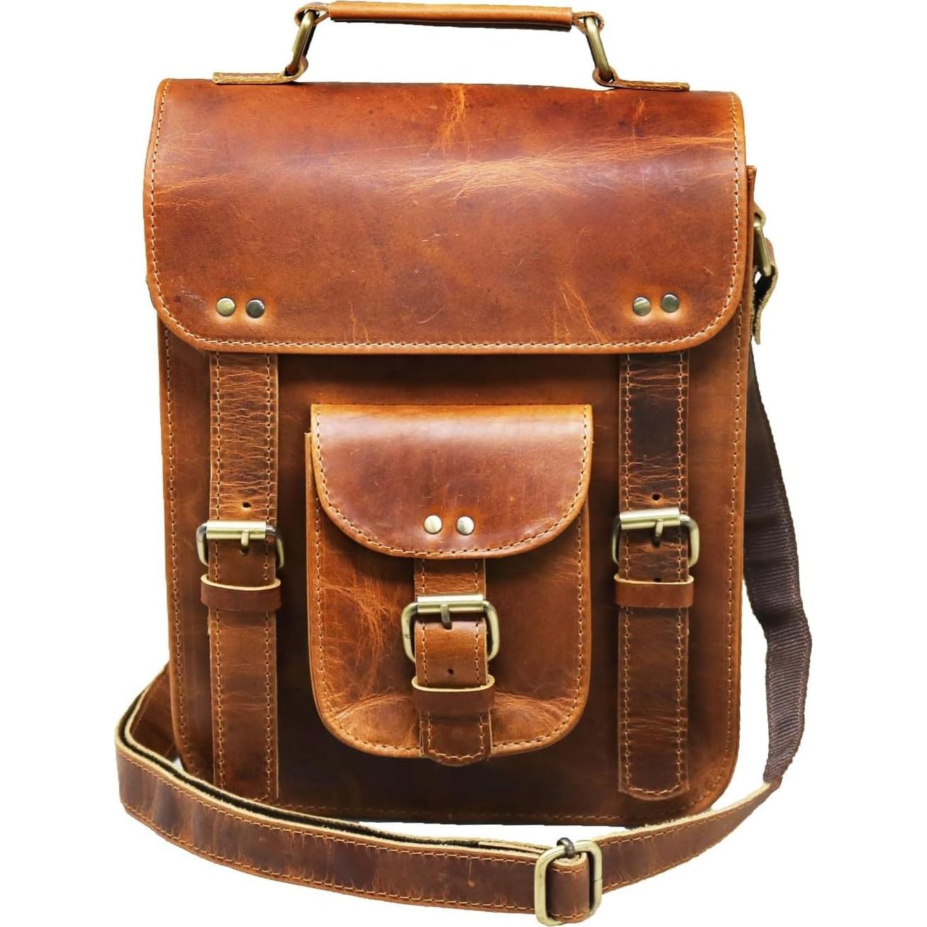 Bolsa Mensajera de Cuero Genuino Jaald Vintage 28 cm Marrón