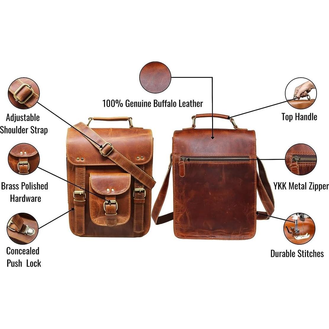 Bolsa Mensajera de Cuero Genuino Jaald Vintage 28 cm Marrón