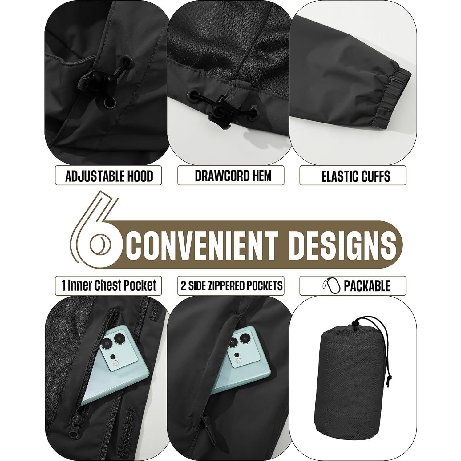 Chaqueta Impermeable 33,000ft para Hombre Plegable Negra