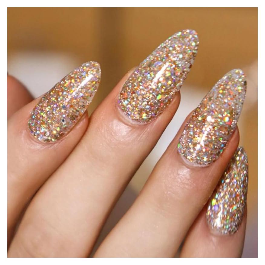 Uñas Postizas Brillantes Doradas Almendra TOGZOM 24 Pcs