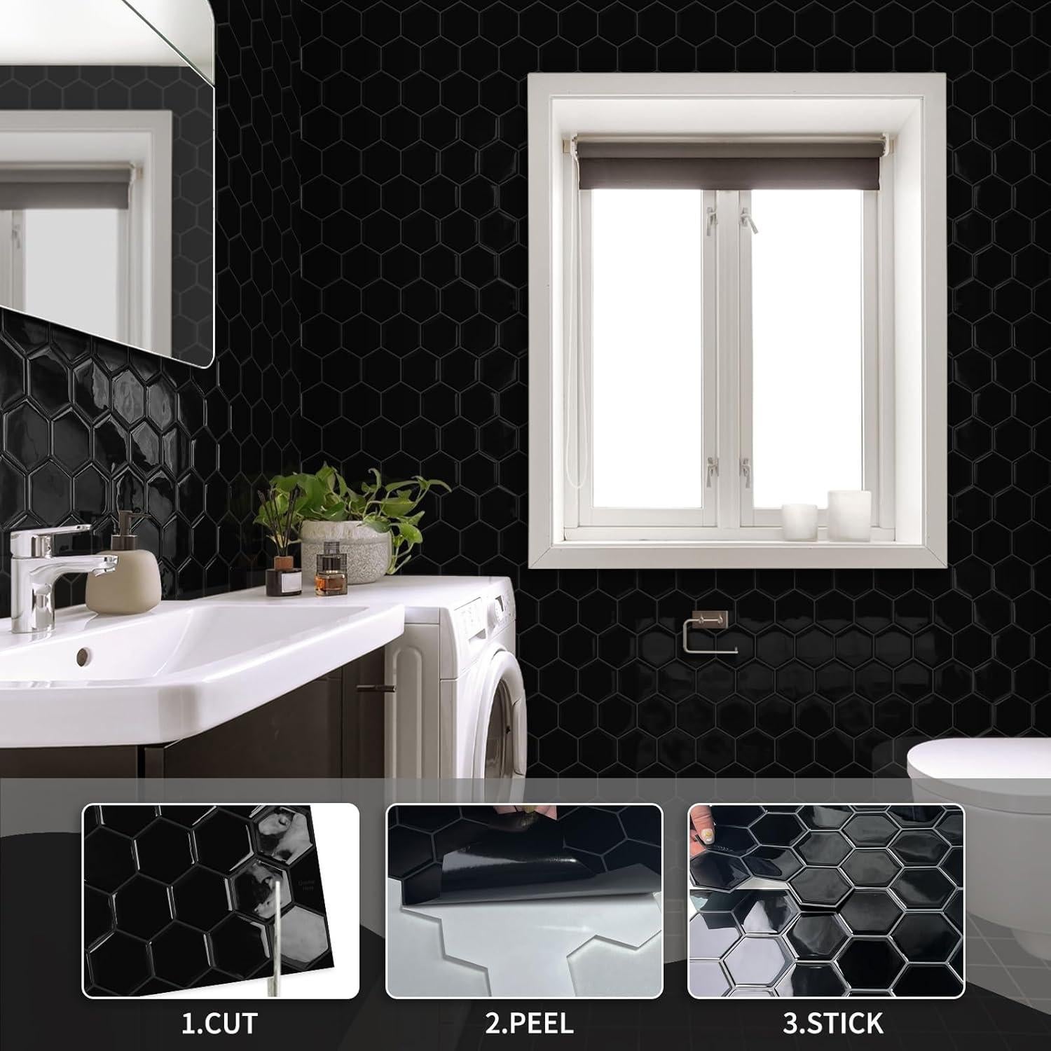 Azulejo Hexagonal Autoadhesivo MOONFUN Negro 30.48x30.48 cm - 10 Hojas