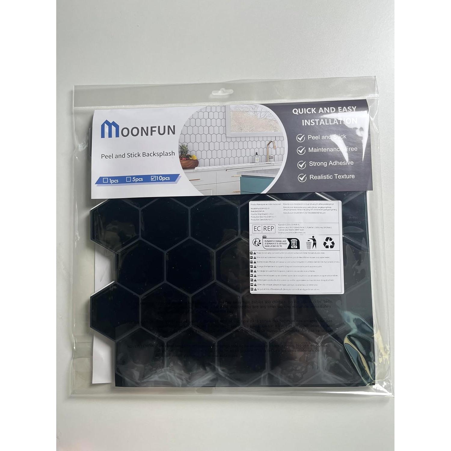 Azulejo Hexagonal Autoadhesivo MOONFUN Negro 30.48x30.48 cm - 10 Hojas