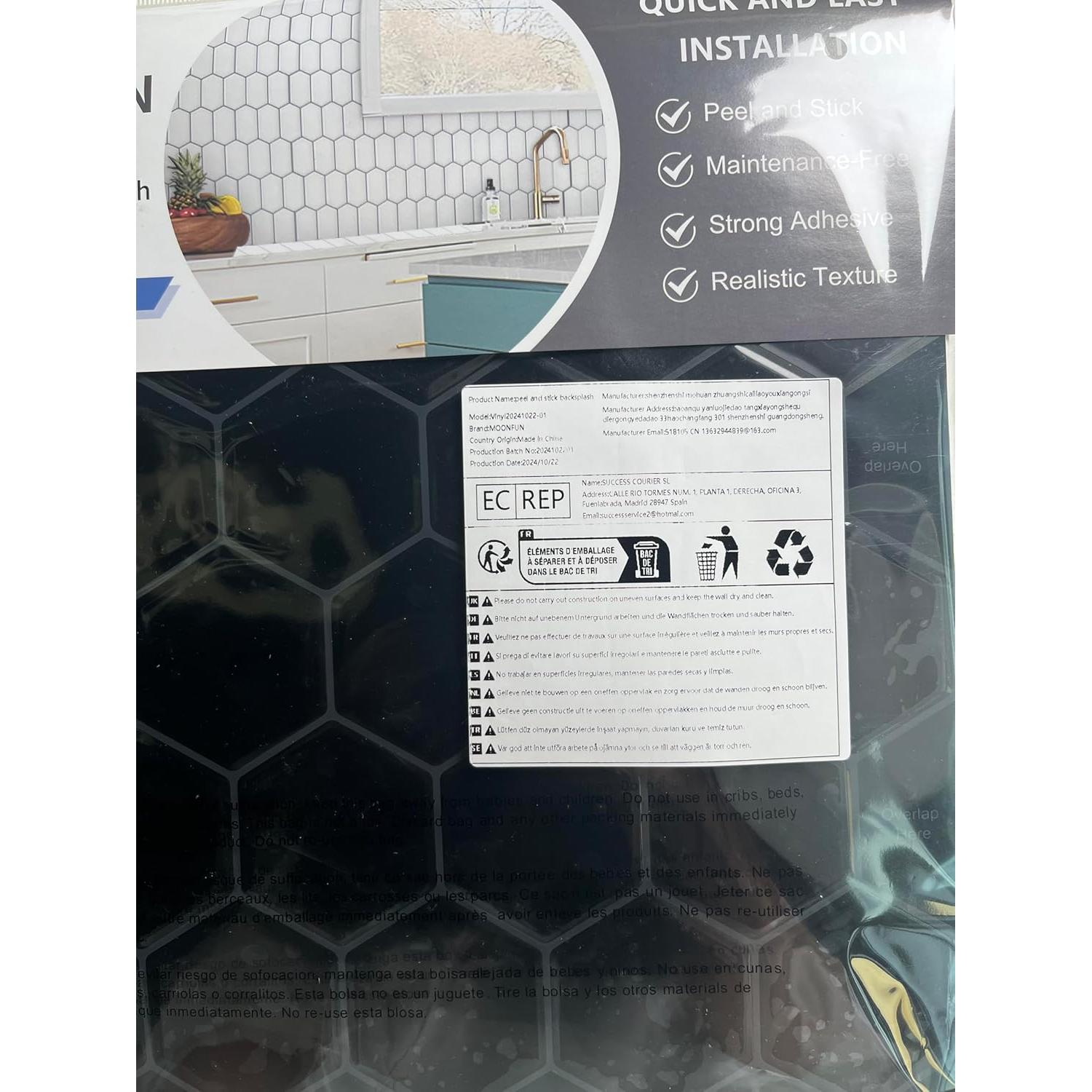 Azulejo Hexagonal Autoadhesivo MOONFUN Negro 30.48x30.48 cm - 10 Hojas