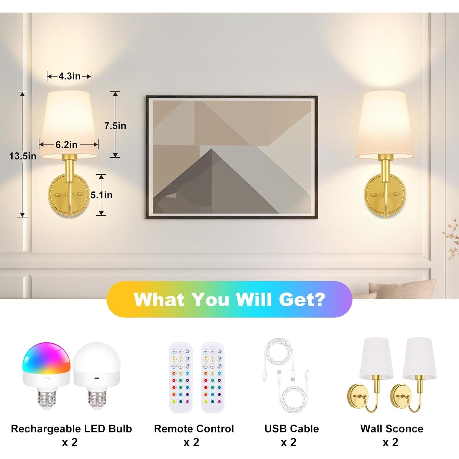 Aplique de Pared Inalámbrico Odnora LED RGB Recargable - Juego de 2