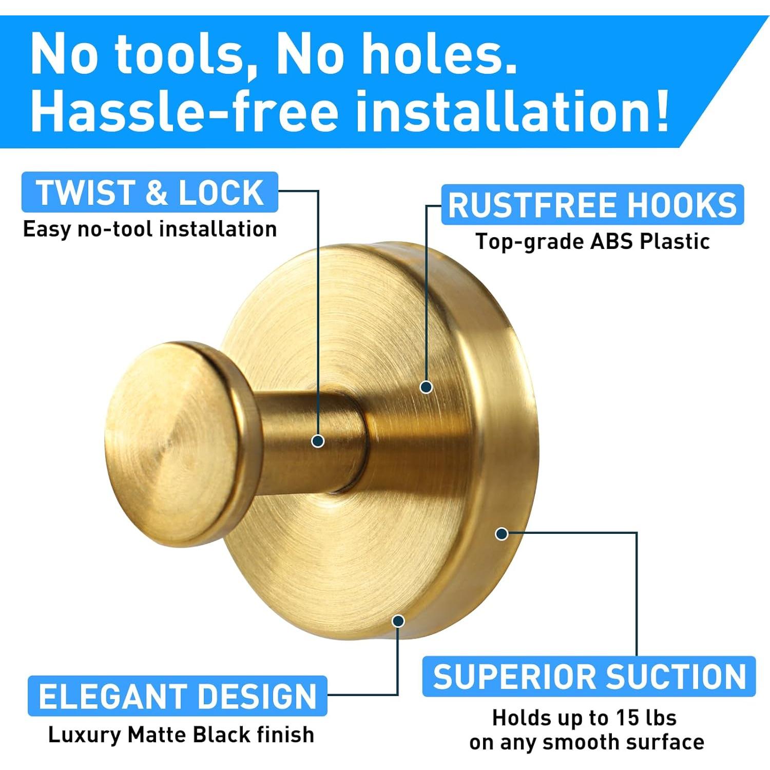 Ganchos de Ventosa Sin Taladro NABOBA - 2 Pcs Oro Cepillado