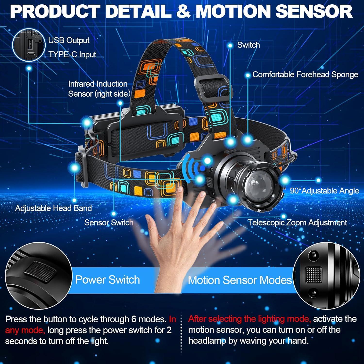 Linterna Frontal Recargable YLQFH LED 6 Modos Luz Blanca y Roja