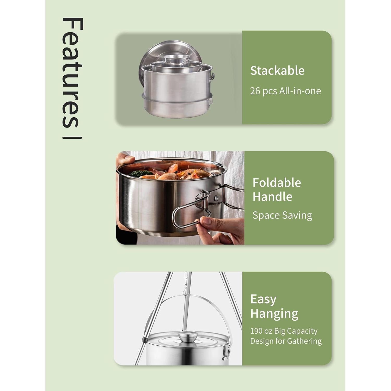 Juego de Cocina para Camping CretFine 26 Piezas Acero Inoxidable