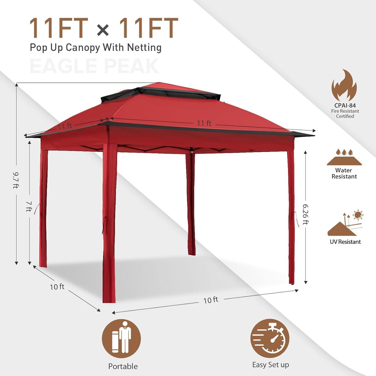 Gazebo Plegable EAGLE PEAK 11x11 con Malla y Toldos Rojo
