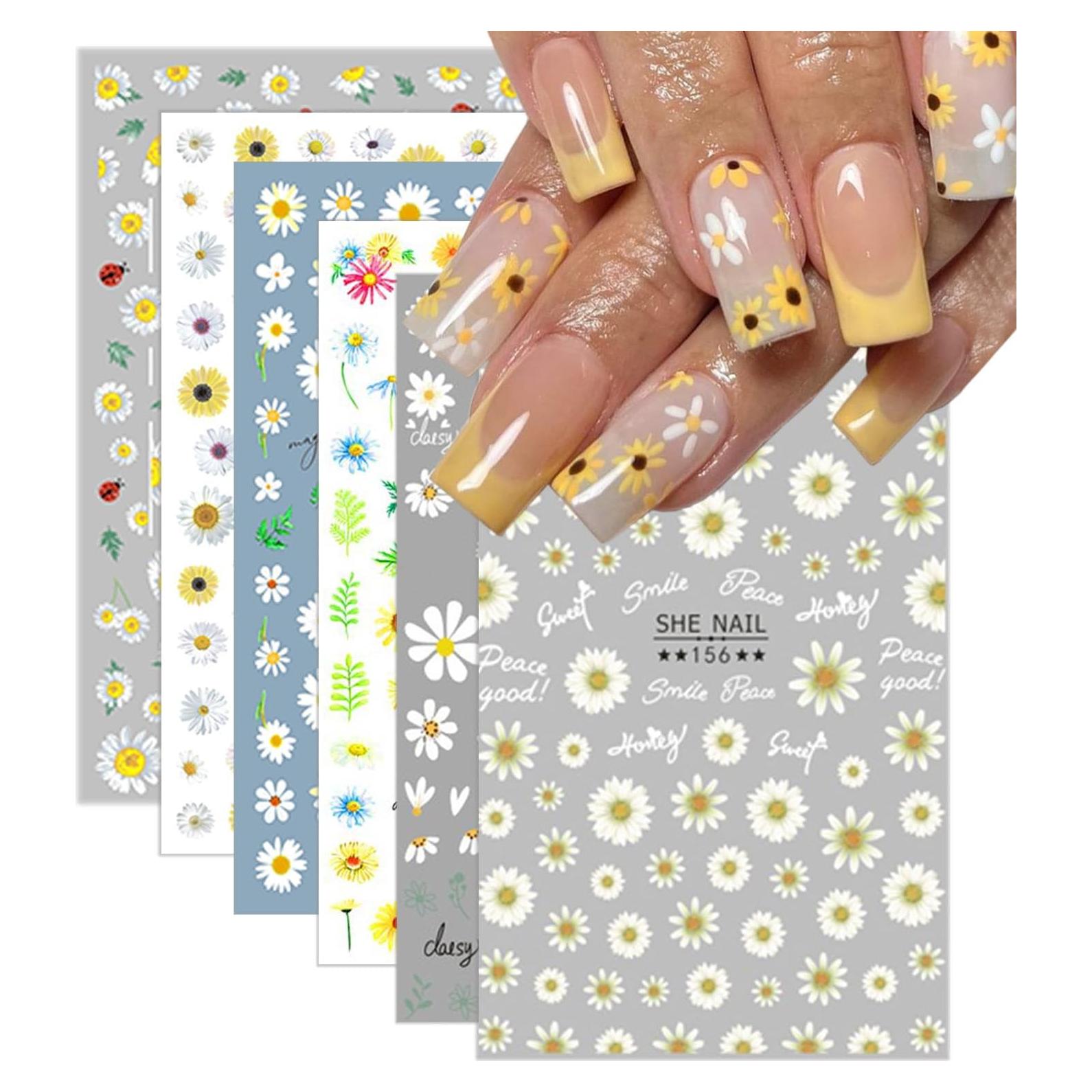 Calcomanías de Uñas 3D ZRZETREB Flores Margaritas 6 Hojas