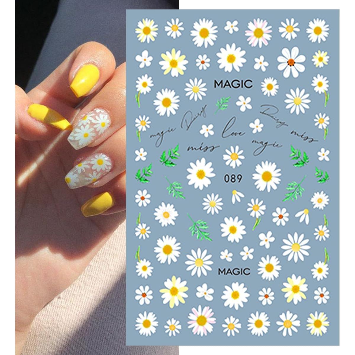 Calcomanías de Uñas 3D ZRZETREB Flores Margaritas 6 Hojas