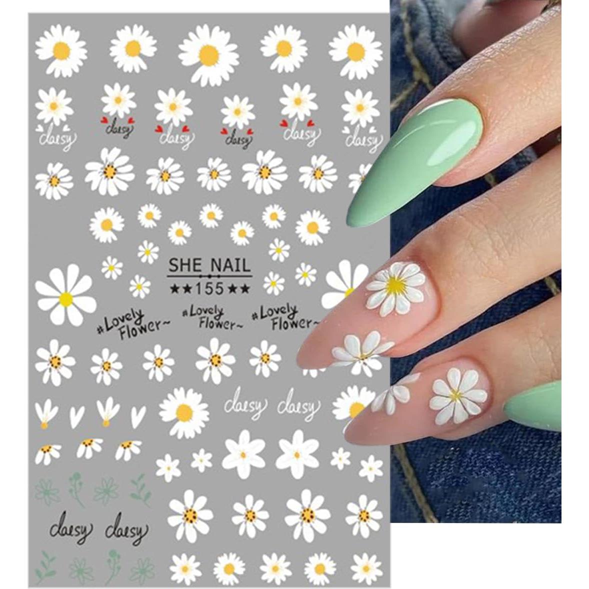 Calcomanías de Uñas 3D ZRZETREB Flores Margaritas 6 Hojas