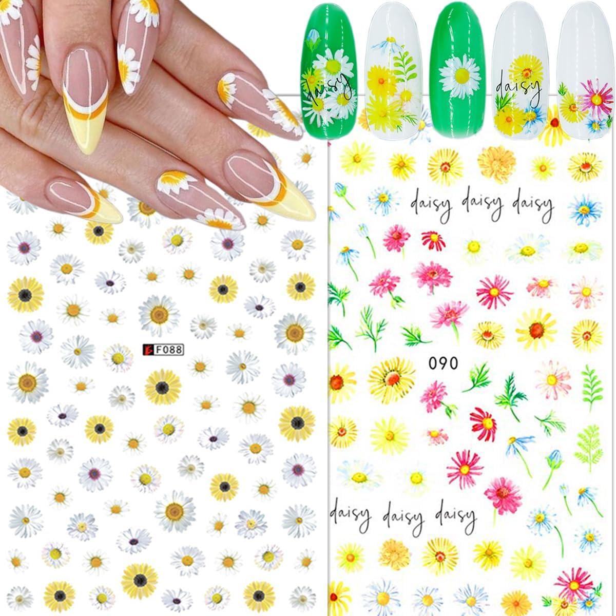 Calcomanías de Uñas 3D ZRZETREB Flores Margaritas 6 Hojas