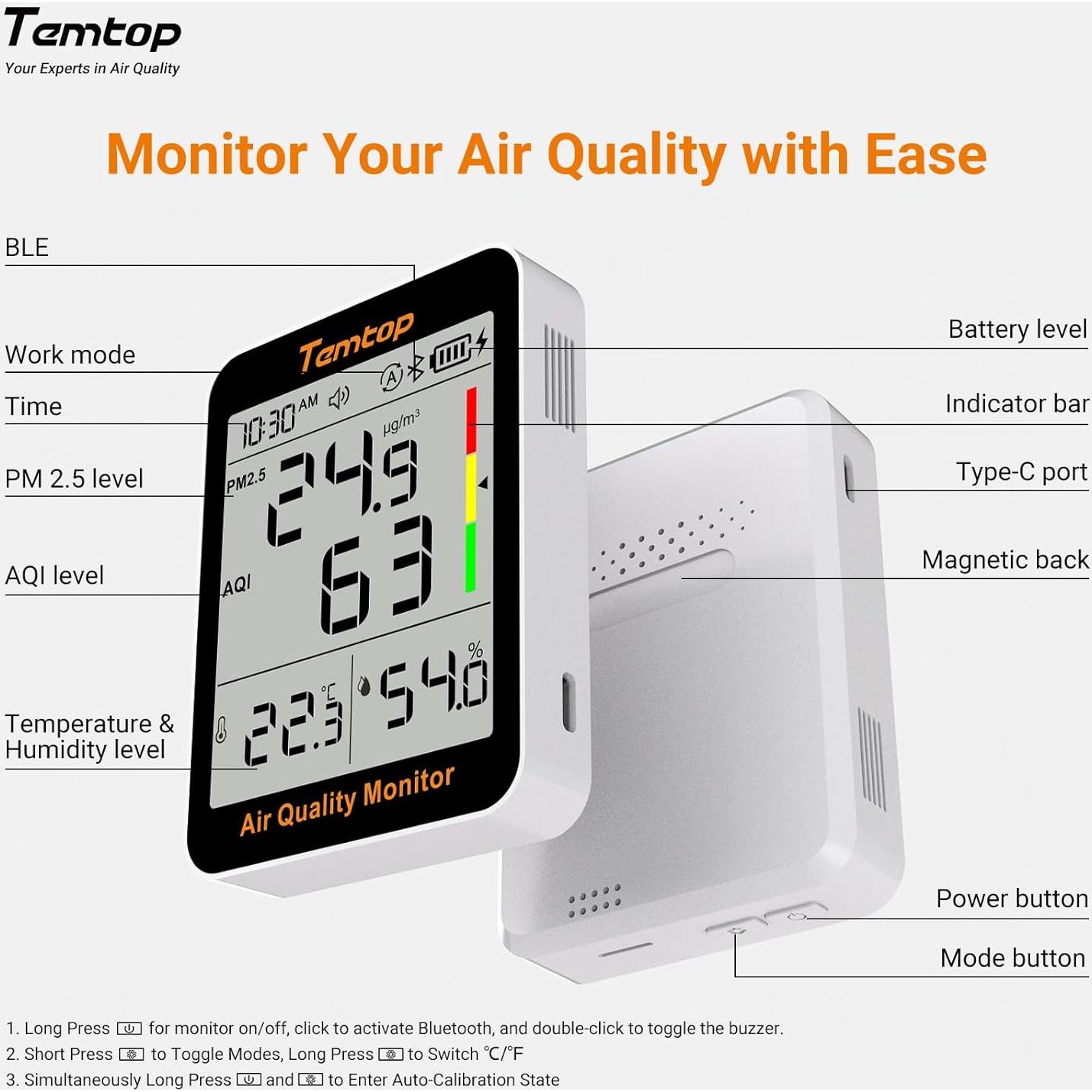 Monitor de Calidad del Aire Temtop S1+ con PM2.5 y Humedad
