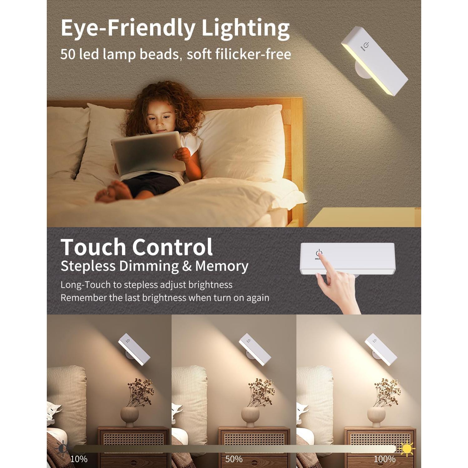 Aplique de Pared Recargable DetarZinLED 2 Pcs Blanco 360°