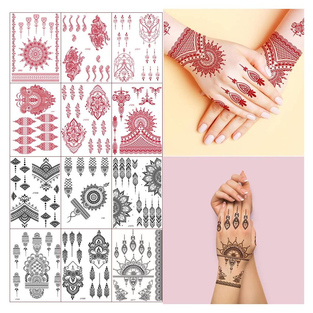 Calcomanías de Tatuaje de Henna Xmasir 12 Hojas Rojas y Negras