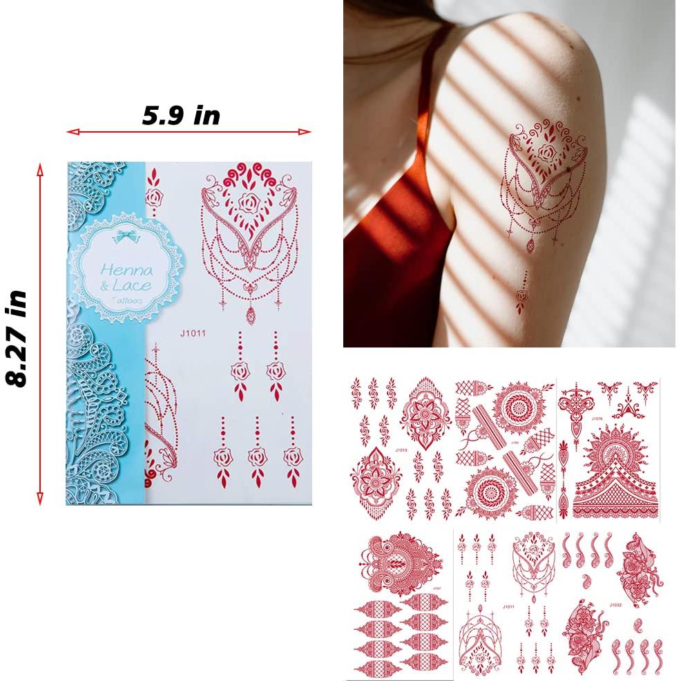 Calcomanías de Tatuaje de Henna Xmasir 12 Hojas Rojas y Negras