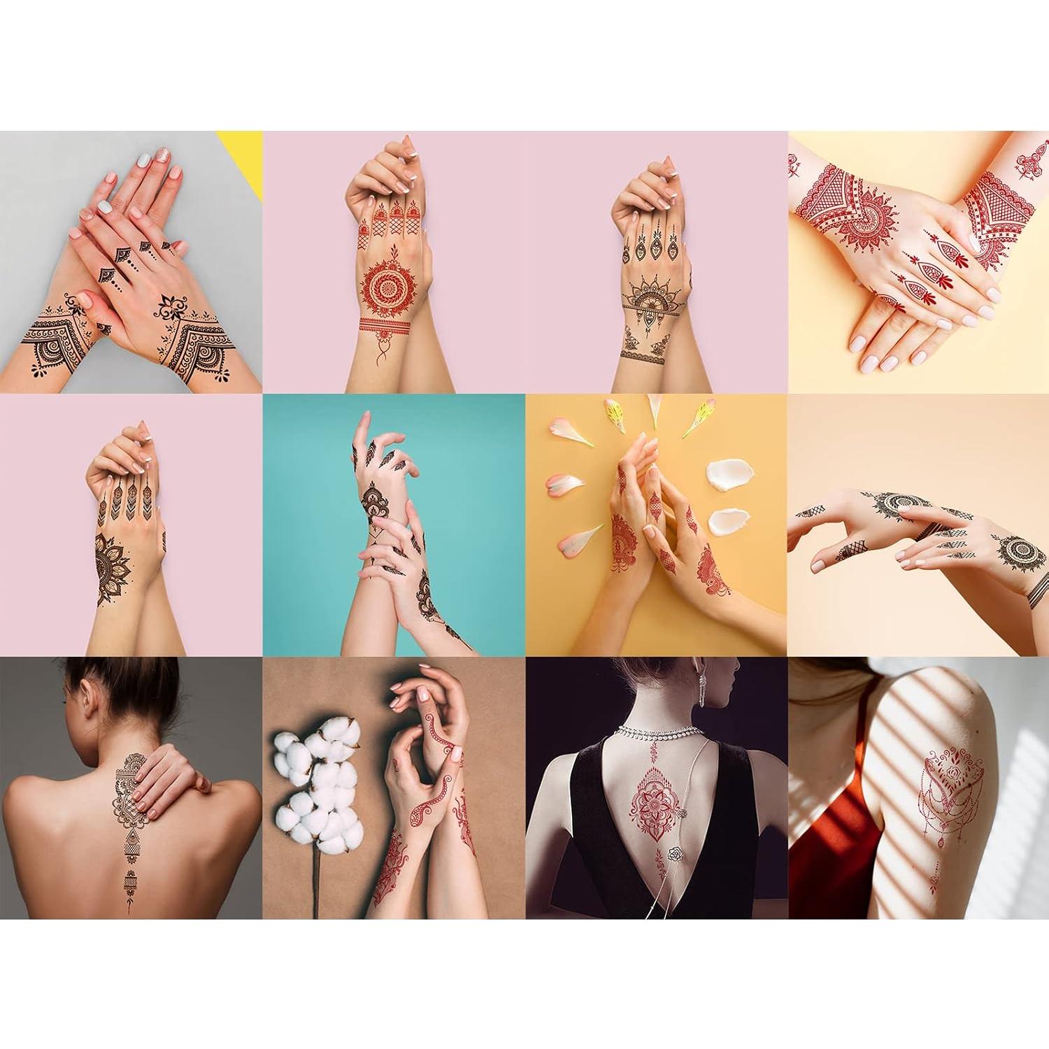 Calcomanías de Tatuaje de Henna Xmasir 12 Hojas Rojas y Negras