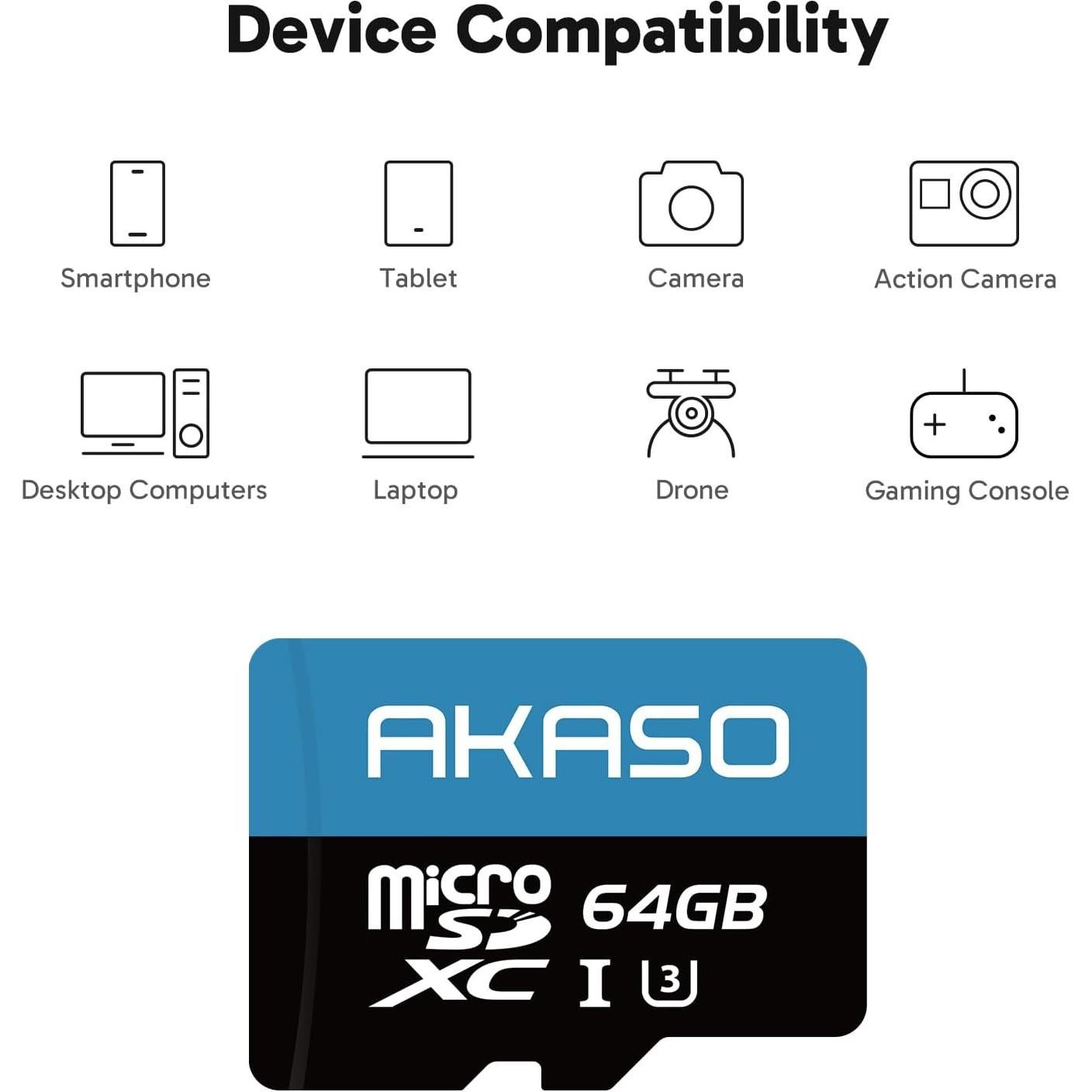 Tarjeta de Memoria microSDXC AKASO 64GB U3 100MB/s