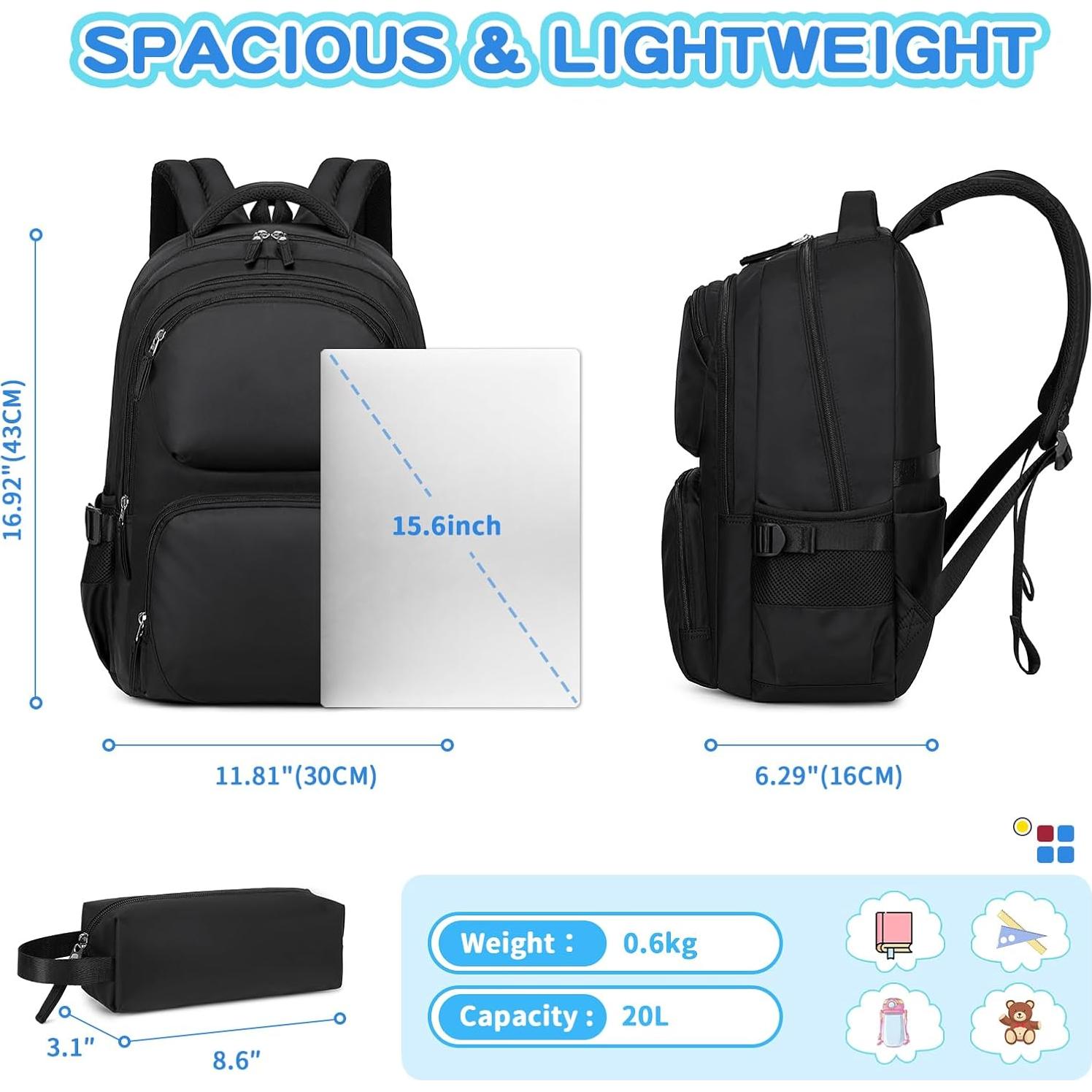 Mochila Escolar Niños ASKSKY con Estuche Negro 45x20x33 cm