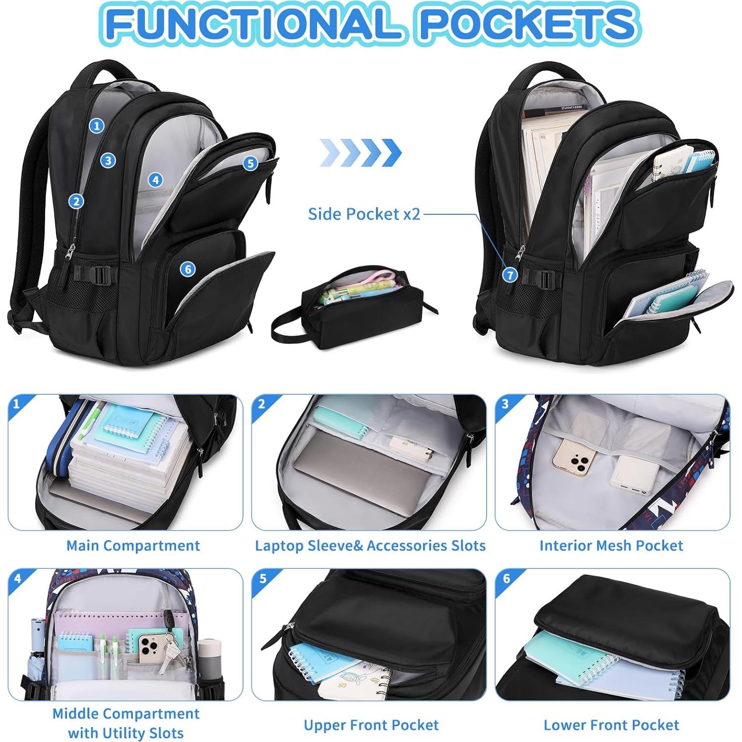 Mochila Escolar Niños ASKSKY con Estuche Negro 45x20x33 cm