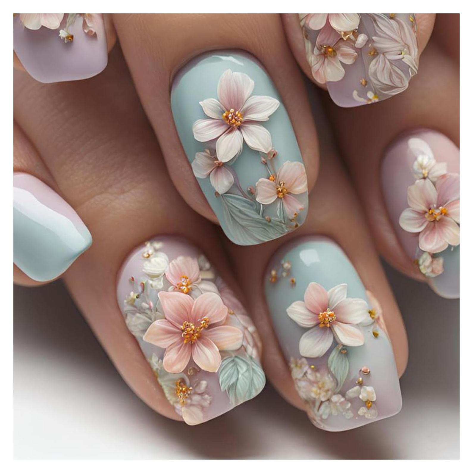 24 Uñas Postizas Cortas OCOUYVD Floral Rosa y Blanco