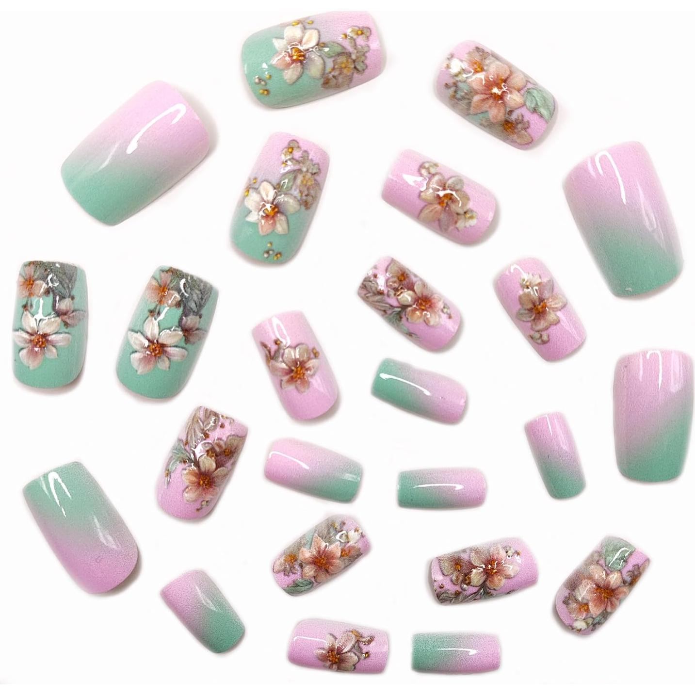 24 Uñas Postizas Cortas OCOUYVD Floral Rosa y Blanco