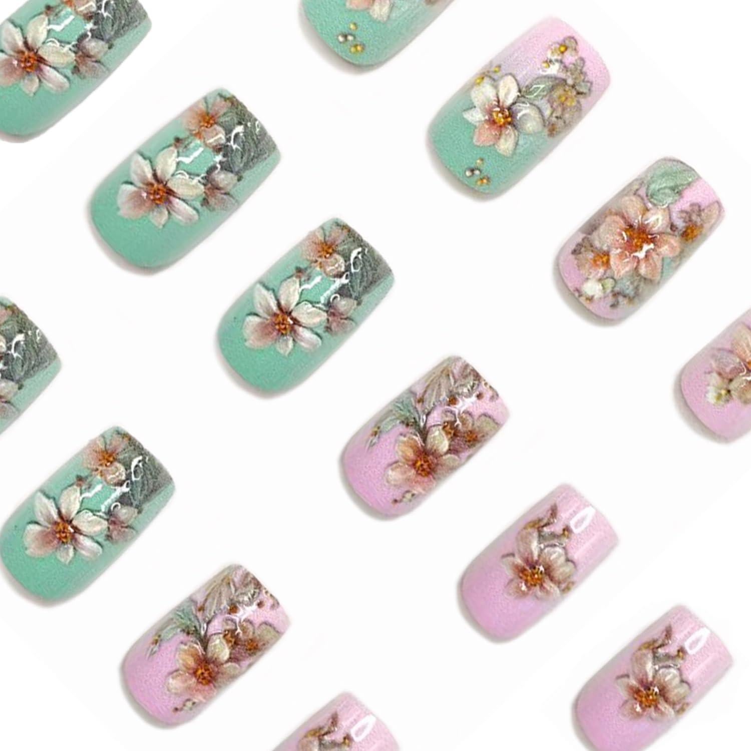 24 Uñas Postizas Cortas OCOUYVD Floral Rosa y Blanco