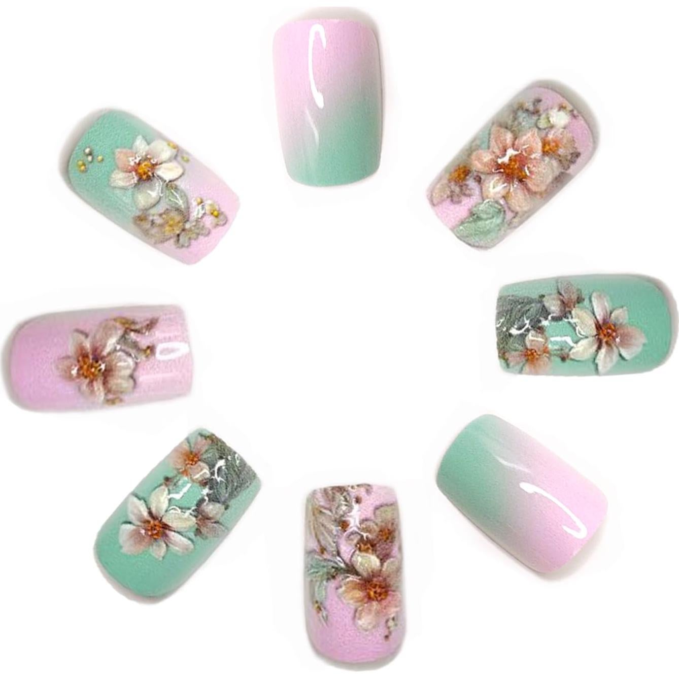 24 Uñas Postizas Cortas OCOUYVD Floral Rosa y Blanco