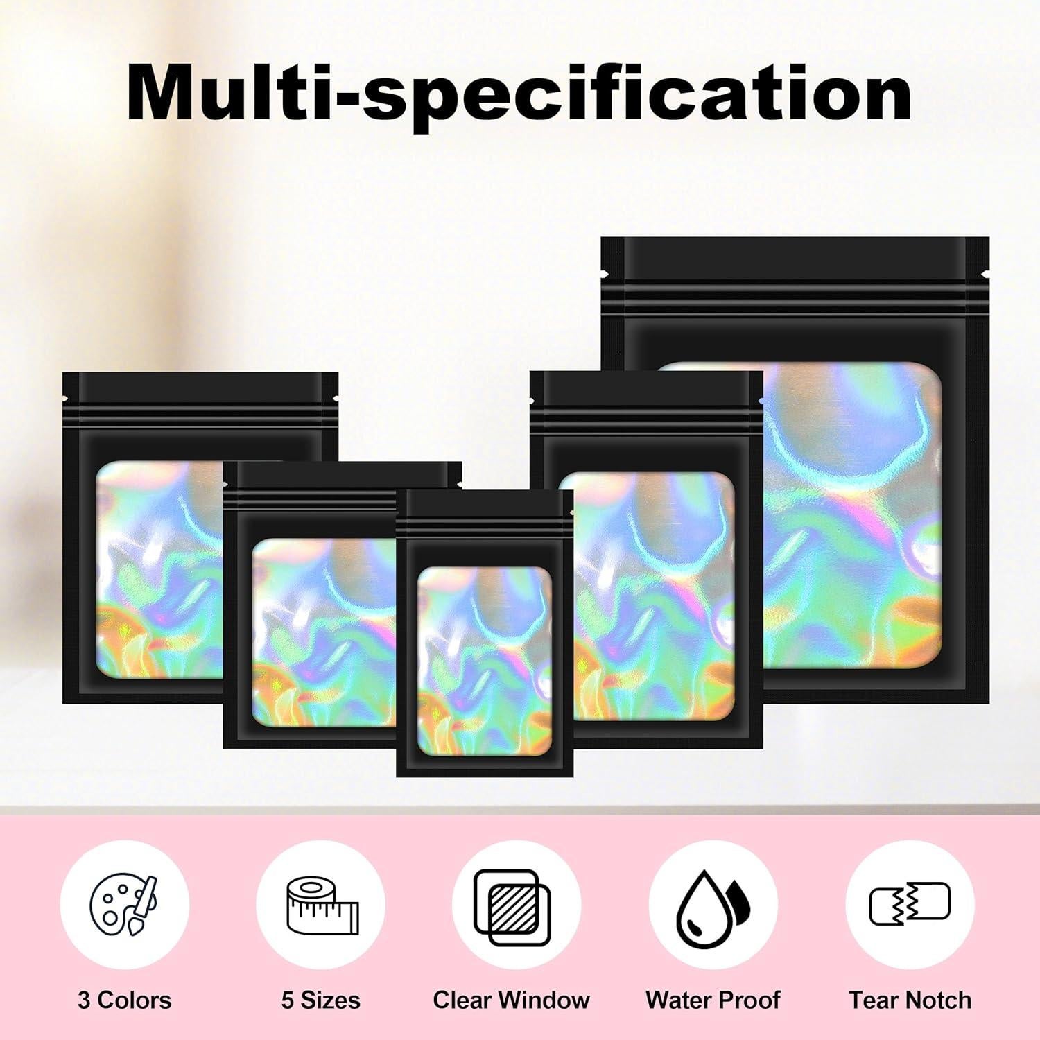 100 Bolsas Mylar Holográficas Reutilizables 7x10 cm Jedqlnye