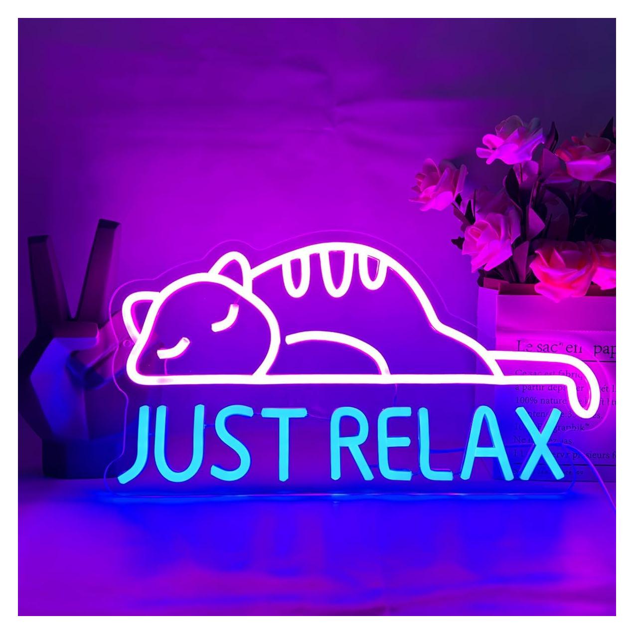 Cartel de Neón Gato 'Solo Relájate' LED Rosa Azul 34x28cm