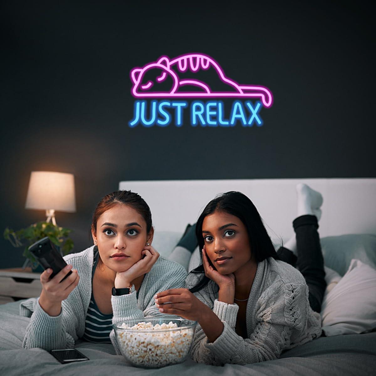 Cartel de Neón Gato 'Solo Relájate' LED Rosa Azul 34x28cm