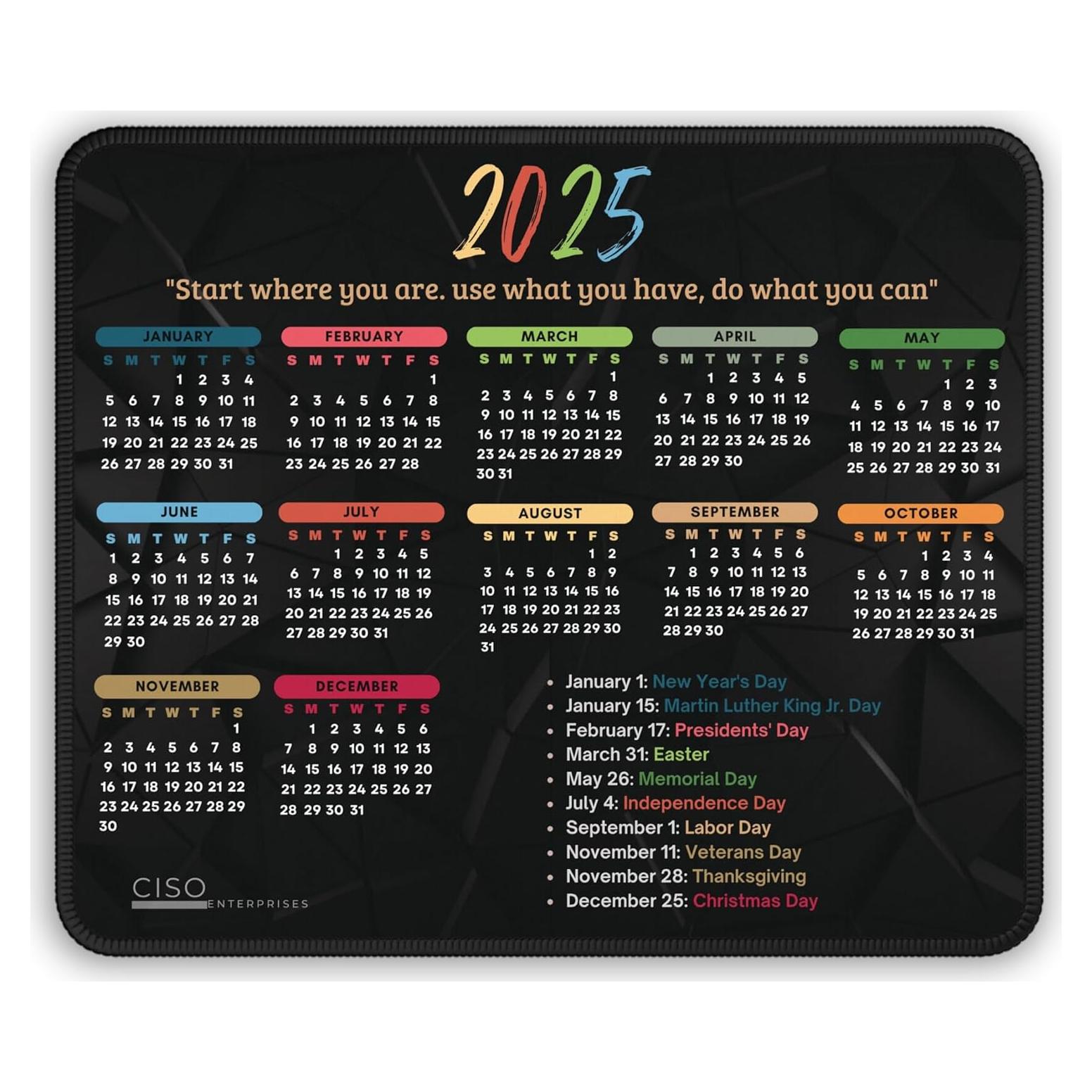2025 Mouse Pad Calendar (10 x 8 x 0.3 inches) – Black Mouse Pad with Stitched Edges, Cute and Functional Desk Accessory, Durable and Washable Office Mousepad for Work