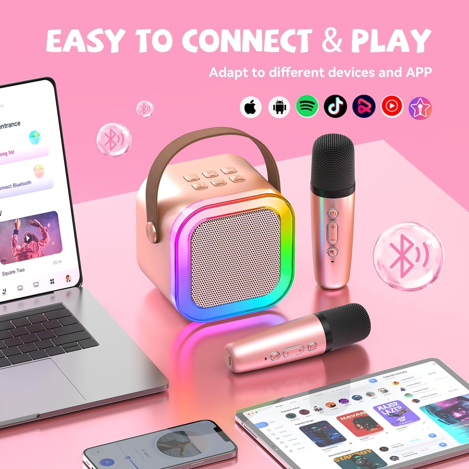 Mini Máquina de Karaoke CscyyAmz Oro Rosa 2 Micrófonos Inalámbricos