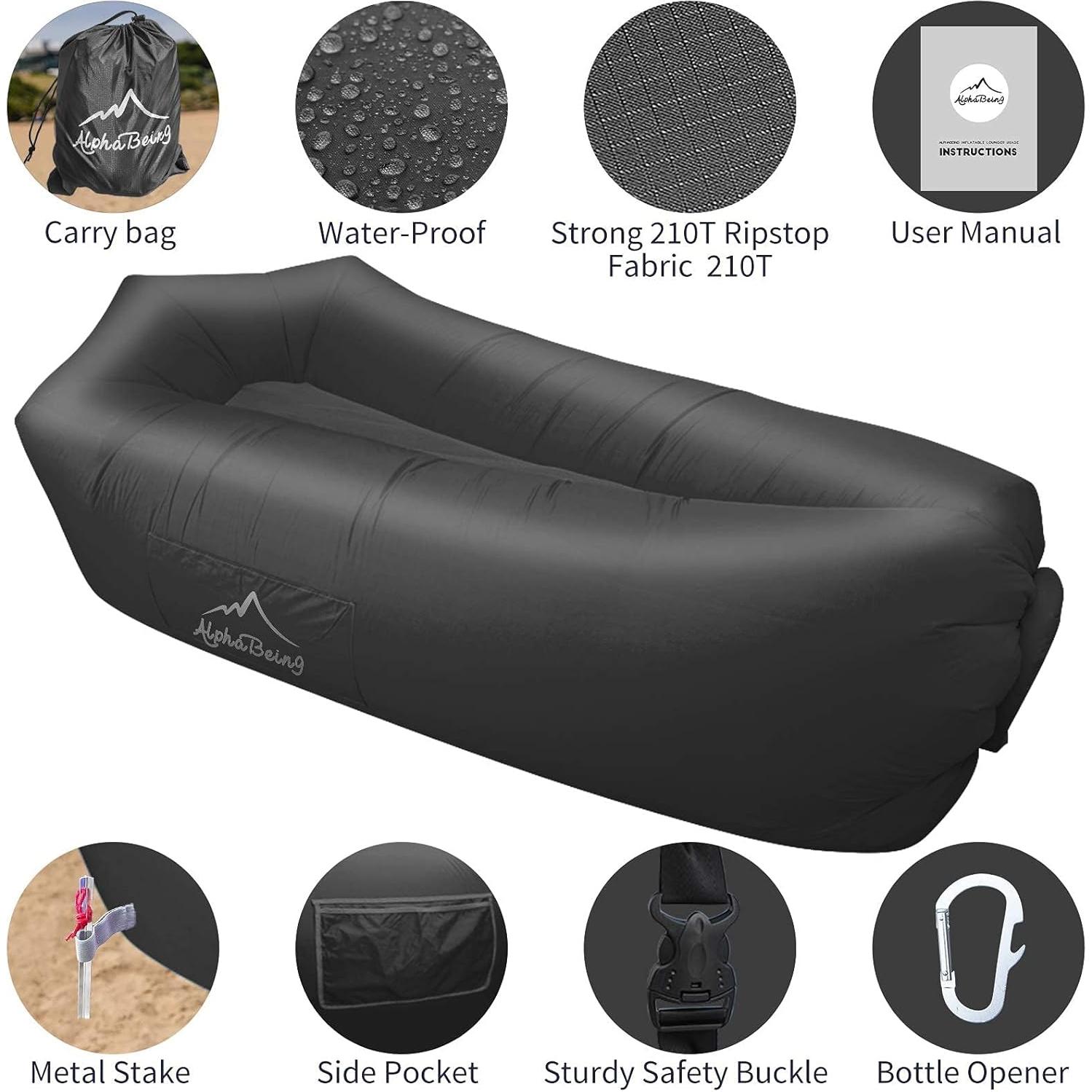 Sofá Inflable AlphaBeing con Fondo de Malla Ergonómica - Negro
