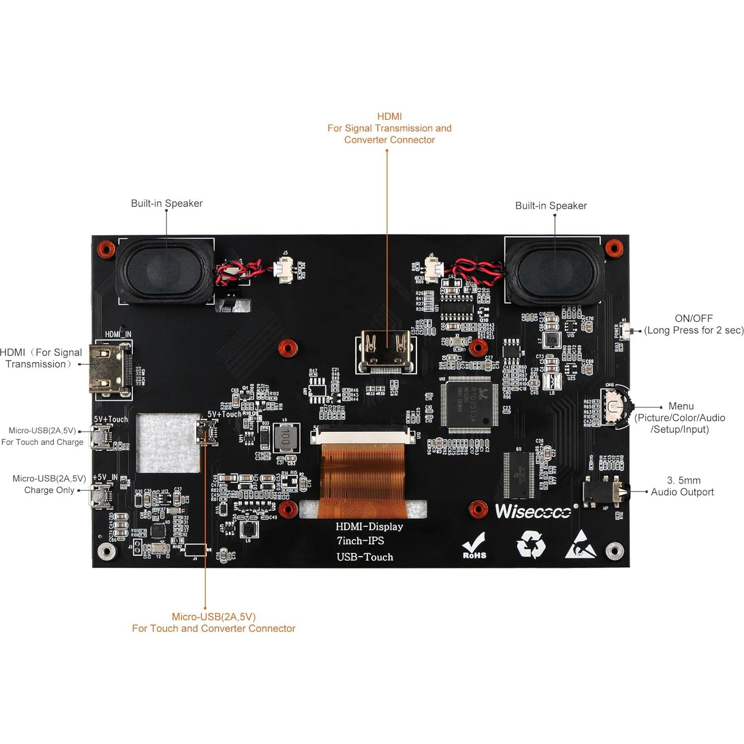 Monitor Táctil LCD 7" Wisecoco 1024x600 HDMI para Raspberry Pi