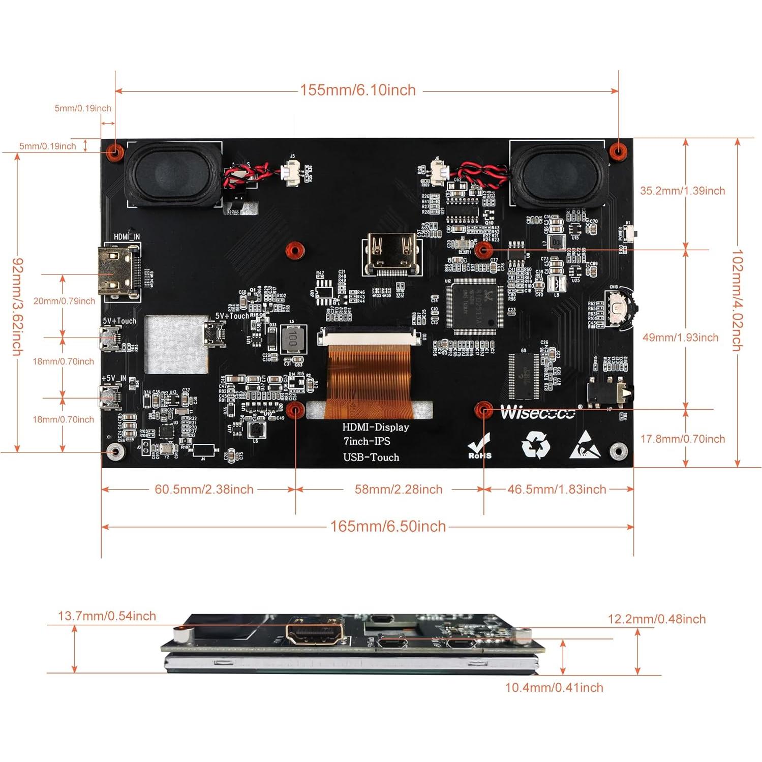 Monitor Táctil LCD 7" Wisecoco 1024x600 HDMI para Raspberry Pi