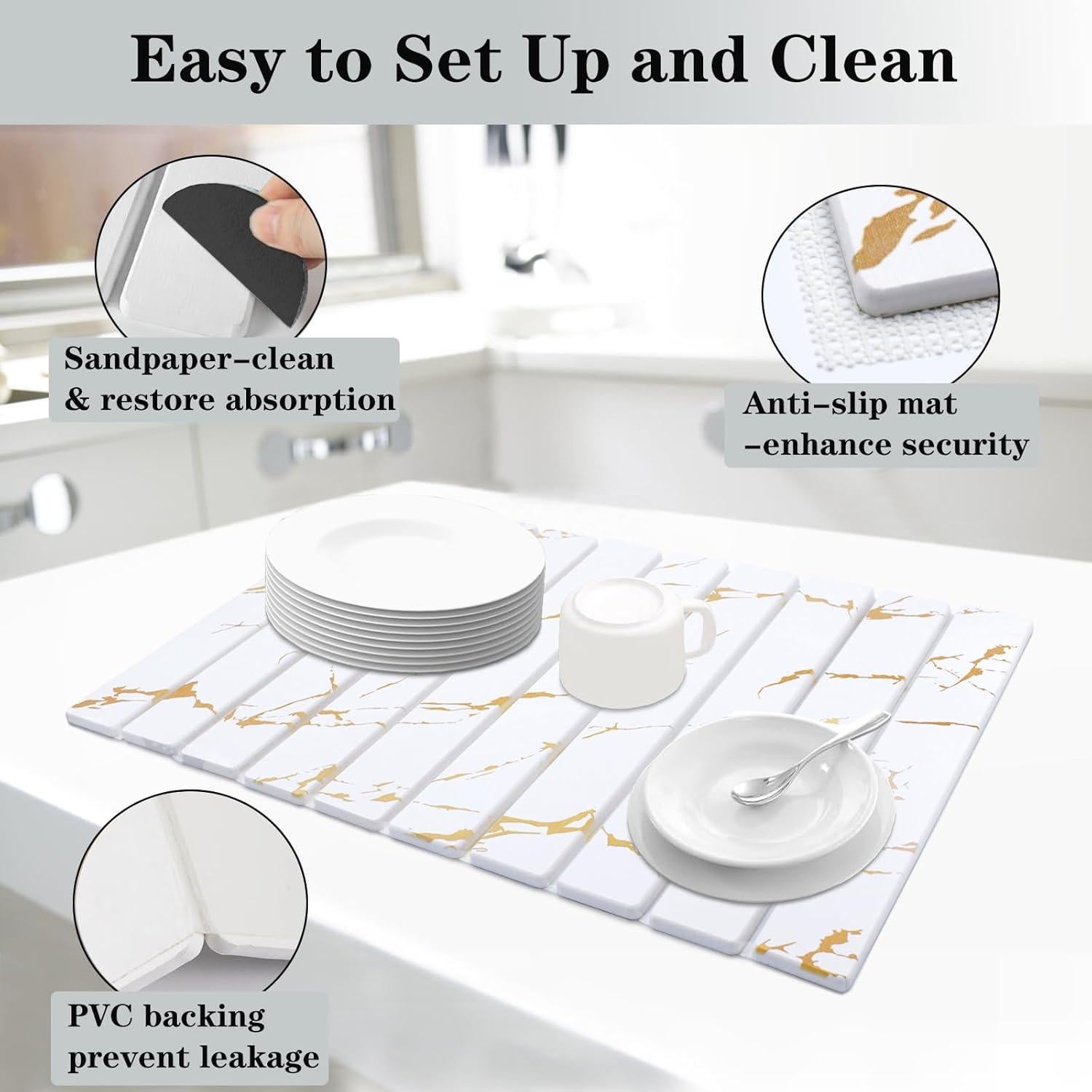 Alfombrilla de Secado de Platos DOUBFIVSY 61x41cm Diatomácea Oro