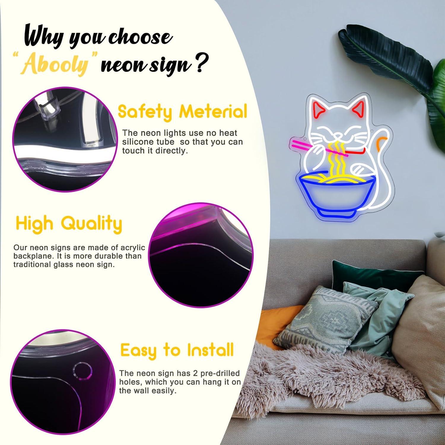 Cartel de Neón LED Gato de la Suerte Ramen Abooly 39.9x32.3cm