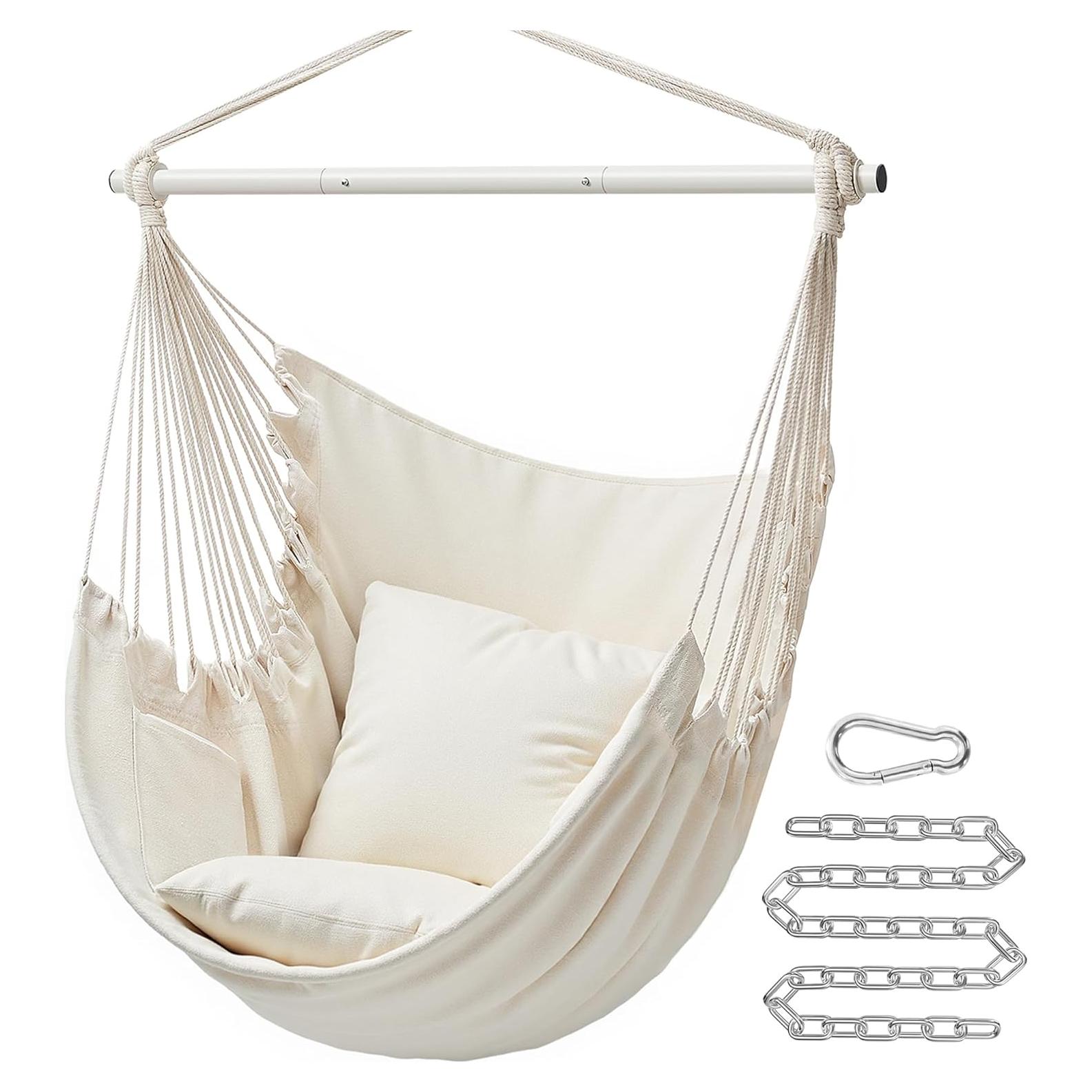 SONGMICS Hammock Chair, Load Capacity 500 lb, Hanging Chair with 2 Cushions, Large Hammock Swing with Chain and Pocket, for Indoor, Outdoor, Living Room, Bedroom, Cream White UGDC197M01
