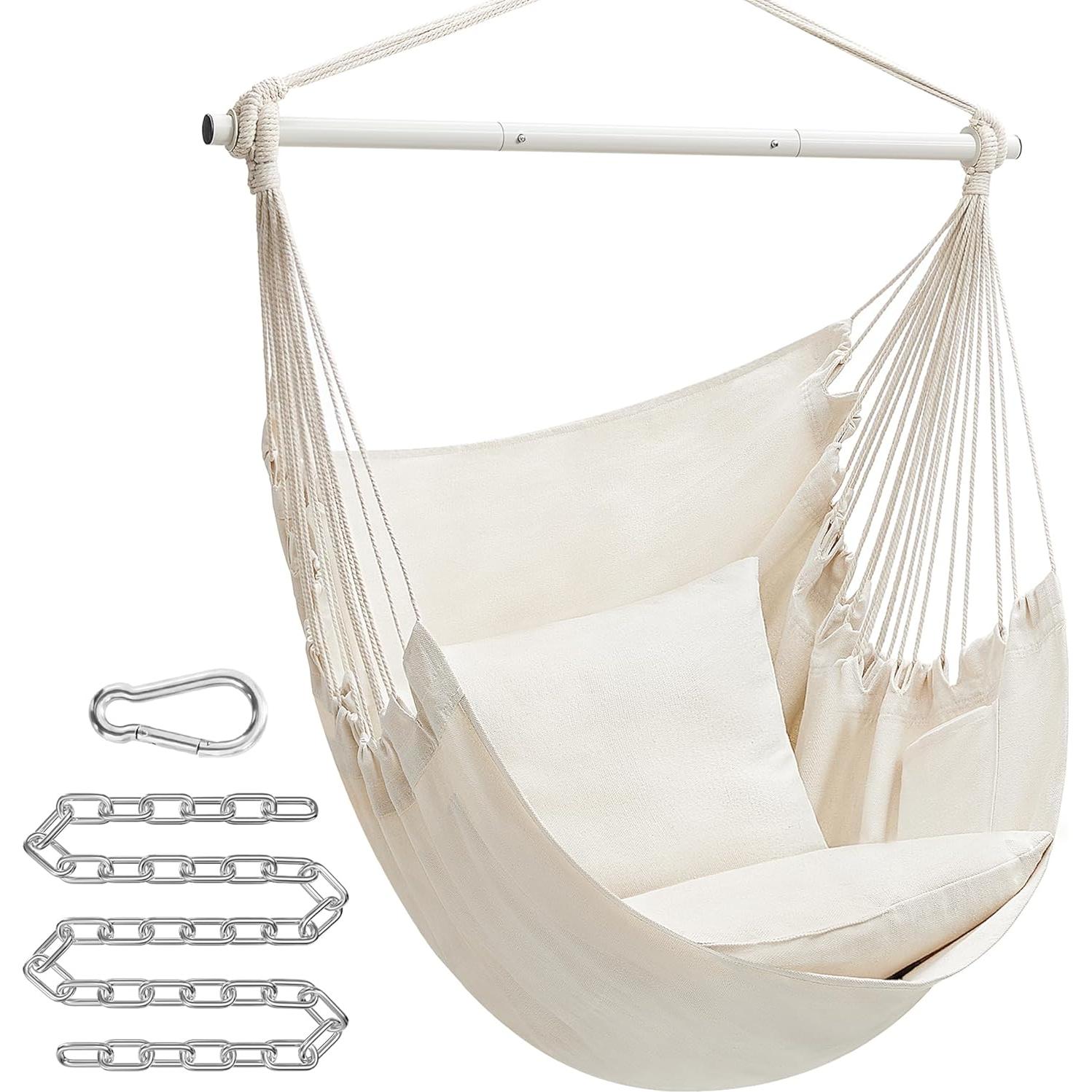 SONGMICS Hammock Chair, Load Capacity 500 lb, Hanging Chair with 2 Cushions, Large Hammock Swing with Chain and Pocket, for Indoor, Outdoor, Living Room, Bedroom, Cream White UGDC197M01