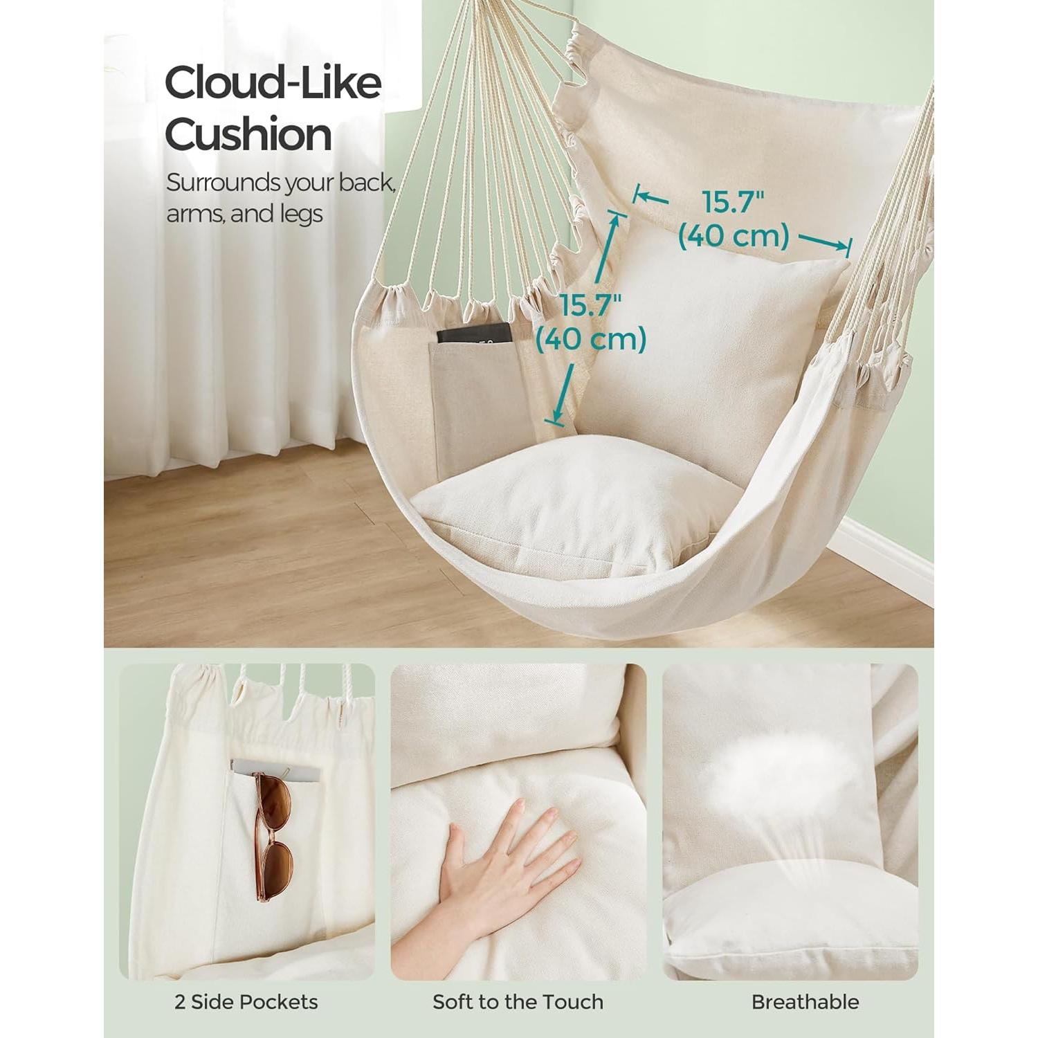 SONGMICS Hammock Chair, Load Capacity 500 lb, Hanging Chair with 2 Cushions, Large Hammock Swing with Chain and Pocket, for Indoor, Outdoor, Living Room, Bedroom, Cream White UGDC197M01
