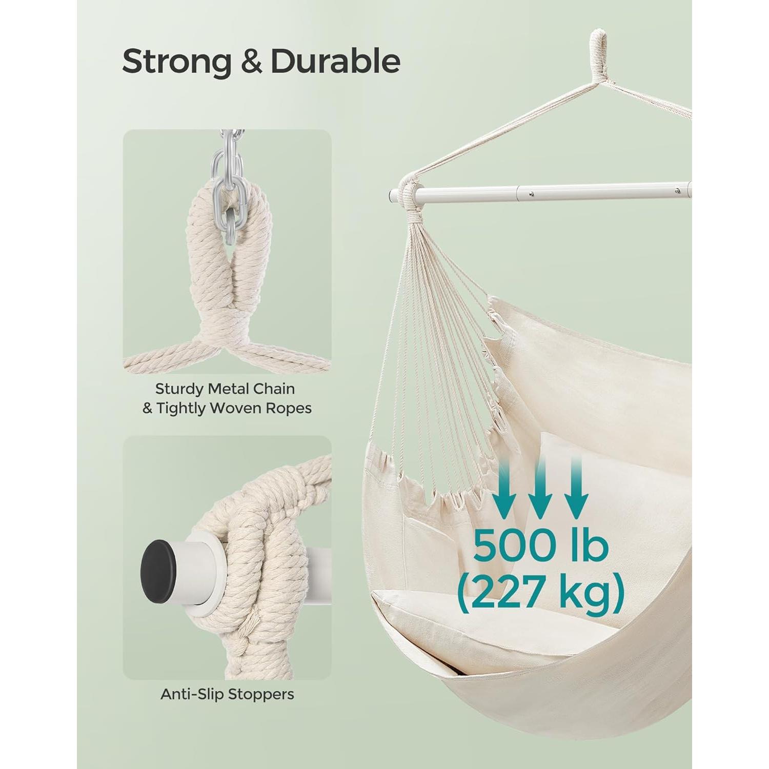 SONGMICS Hammock Chair, Load Capacity 500 lb, Hanging Chair with 2 Cushions, Large Hammock Swing with Chain and Pocket, for Indoor, Outdoor, Living Room, Bedroom, Cream White UGDC197M01