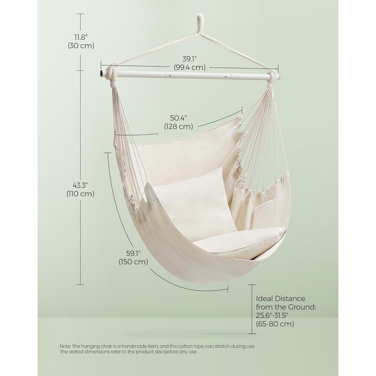 SONGMICS Hammock Chair, Load Capacity 500 lb, Hanging Chair with 2 Cushions, Large Hammock Swing with Chain and Pocket, for Indoor, Outdoor, Living Room, Bedroom, Cream White UGDC197M01